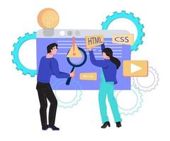 Web development, SEO, mobile apps testing and online business solutions concept with people characters working on website improvement. Flat vector illustration isolated.