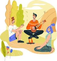 Summer camping scene with people tourists sit around bonfire and singing songs. Adventure time and recreation activity, active leisure on nature and travel. Flat cartoon vector illustration.
