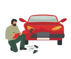 Insurance agent or car crash inspector expertise vehicle after road accident. Automobile damage inspection and registration. Cars diagnostics and service of roadside assistance. Vector illustration.