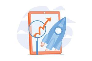 Mobile software optimization. Business development, startup, launching process. Rocketship and smartphone isolated flat design element. Vector illustration