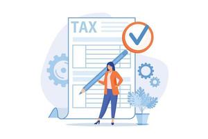 Taxes calculation. Financial management. Achieving success. Completed labour, noted obligation, executed task. Responsible man ticking list with pencil. Vector illustration