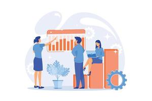 Business innovation presentation. Analytics report, statistics chart, forkflow. Analysts and team leader cartoon characters standing on growing graph. Vector illustration