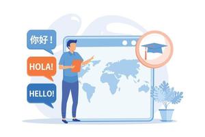 Foreign languages translating. Linguistics science, machine translation, university students exchange program. Language learning courses. Vector illustration