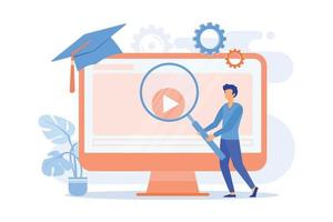 Internet lessons searching. Remote university, educational programs, online classes website. High school student with magnifying glass cartoon character. Vector illustration