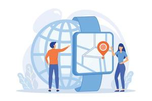 Users looking at smartwatch with GPS navigation pin. Smartwatch navigation, outdoor GPS watch and smart GPS tracker concept on white background. vector illustration