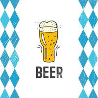 oktoberfest 2022 - fiesta de la cerveza. elementos de fideos dibujados a mano. fiesta tradicional alemana. taza de cerveza de vidrio sobre un fondo blanco con rombos azules y letras. vector