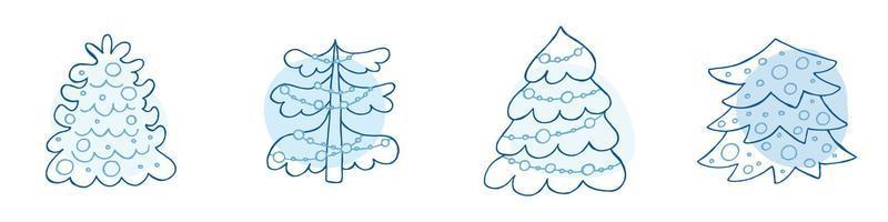 A set of hand-drawn christmas trees. Vector illustration in doodle style. Winter mood. Hello 2023. Merry Christmas and Happy New Year. Blue elements on a white background.