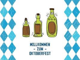 Oktoberfest 2022 - Beer Festival. Hand-drawn set of Doodle Elements. German Traditional holiday. Colored glass beer bottles with lettering and blue rhombuses on a white background. vector
