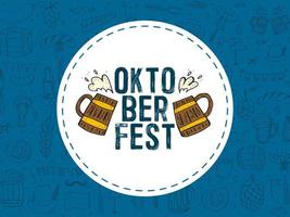 Oktoberfest 2022 - Beer Festival. Hand-drawn Doodle elements. German Traditional holiday. Round emblem with beer mugs and text with a pattern of outline elements. vector