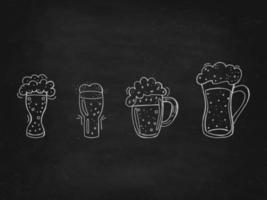 Oktoberfest 2022 - Beer Festival. Hand-drawn set of Doodle Elements. German Traditional holiday. Glass beer mugs on a black chalk board. vector