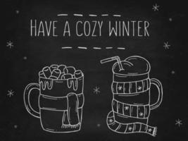 Set of a warming winter drinks on a black chalk board. Vector illustration in doodle style. Winter mood. Hello 2023. Merry Christmas and Happy New Year.