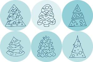 A set of hand-drawn christmas trees. Vector illustration in doodle style. Winter mood. Hello 2023. Merry Christmas and Happy New Year. Blue elements on a blue background.