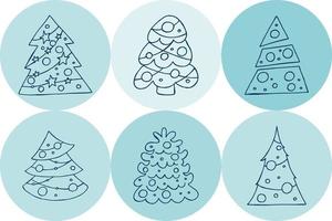 A set of hand-drawn christmas trees. Vector illustration in doodle style. Winter mood. Hello 2023. Merry Christmas and Happy New Year. Blue elements on a blue background.