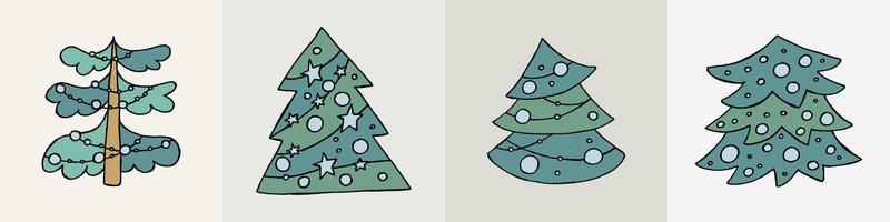 A hand-drawn christmas tree. Vector illustration in doodle style. Winter mood. Hello 2023. Merry Christmas and Happy New Year. Green trees with a blue toys on a gray background.