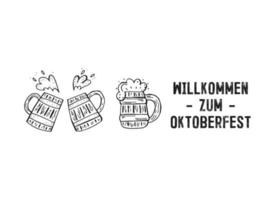 Oktoberfest 2022 - Beer Festival. Hand-drawn set of Doodle Elements. German Traditional holiday. Outline of wooden beer mugs with lettering on a white background. vector