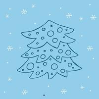 un árbol de navidad dibujado a mano. ilustración vectorial en estilo garabato. estado de ánimo de invierno. hola 2023. feliz navidad y próspero año nuevo. elemento azul oscuro con copos de nieve blancos sobre un fondo azul. vector