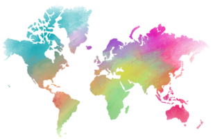 Colorful watercolor World map on transparent background. png