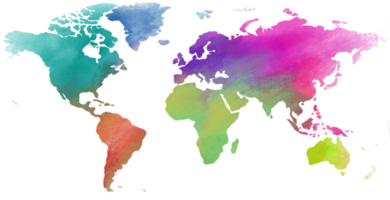 Colorful water color World map on canvas background. png