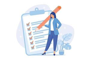 Project management, goal completion, to do list. Questionnaire survey answering. Business organization tool. Office manager with checklist and pencil. Vector illustration