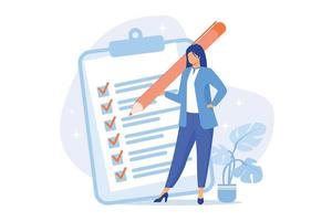 Project management, goal completion, to do list. Questionnaire survey answering. Business organization tool. Office manager with checklist and pencil. Vector illustration