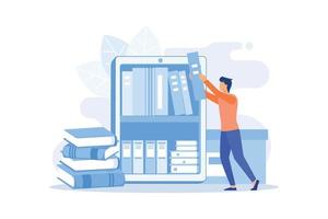 Ebooks collection. Library archive, e reading, literature. Male cartoon character loading books in ereader. Man putting novels in covers on bookshelf. Vector illustration