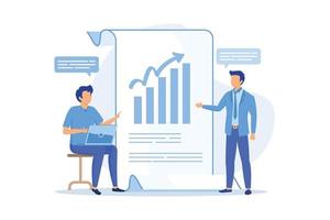 Business financial report. Entrepreneurs cartoon characters writing business plan, analyzing data and statistics. Graphic, information, research. Vector illustration
