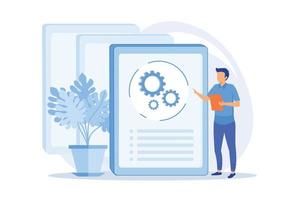 Instruction manual, guide. Document with cogwheel isolated design element. Male character analyzing file. Business analysis, data processing, updating. Vector illustration