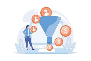 Sales funnel. Lead generation, customer management, marketing strategy. Commerce conversion flat design element. Selling plan. Clients filter. Vector illustration