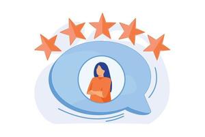 Customer experience, feedback. Client review, satisfaction, evaluation. Ranking stars. Social media network user avatar in speech bubble. Vector illustration