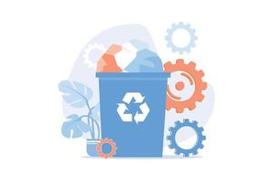 cubo de basura de papel. gestión de basura, basura reciclable, clasificación de basura. reciclando hojas de periódico en un basurero de dibujos animados. basura ecológica. ilustración vectorial