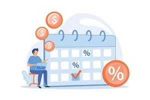 Interest on deposit, profitable investment, fixed income. Regular payments, recurring cash receipts. Money recipient with calendar cartoon character. Vector illustration