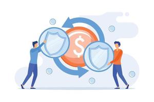 Peer to peer insurance model. Collaborative consumption, policyholders cooperation, P2P digital insurers service. Partners sharing liability insurance. Vector illustration