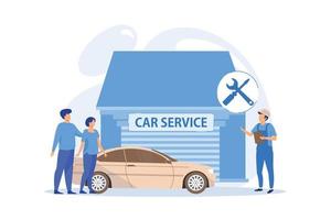 Auto mechanic and business people at car service having their car repaired. Car service, automobile repair shop, vehicle repair service concept. vector illustration