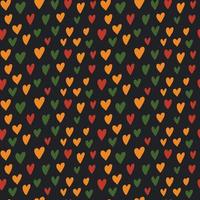 Cute simple Kwanzaa, Black History Month, Juneteenth seamless pattern with hand drawn hearts in traditional African colors -  red, green, yellow on black backdrop. Sweet vector background. Fabric