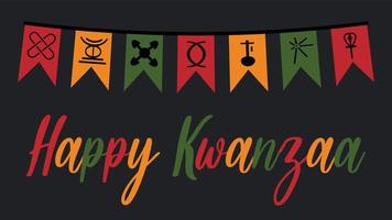 Happy Kwanzaa banner with cute festive flags bunting with seven principles of Kwanzaa symbols icon - African-American celebration in USA. Vector illustration with text lettering in African colors