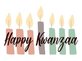 happy kwanzaa - tarjeta de felicitación con letras de guiones y velas kinara simples dibujadas a mano. banner del festival de celebración de la herencia afroamericana vector