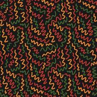 Abstract seamless pattern with random hand drawn scribbles doodle lines in traditional African colors - red, yellow, green on black background. Ethnic backdrop for Kwanzaa, Black History Month vector