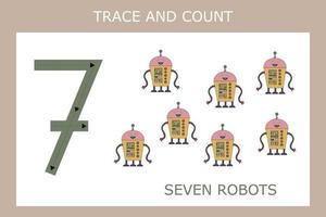 Numbers for kids. Worksheet for kindergarten and preschool. Training to write and count numbers with funny  robots vector