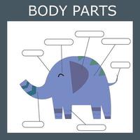 Escribe las partes del cuerpo del elefante. juego educativo para niños. vector