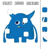 worksheet vector design, the task is to cut and glue a piece on bright monster.  Logic game for children.