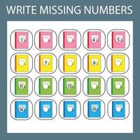 The task is to write in the lost numbers from 1 to 20. Educational exercises for preschool children vector