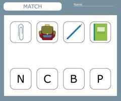 Find the first letter of the school supplies and connect. Educational game for children. vector