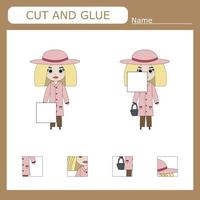 Worksheet vector design, the task is to cut and glue a piece on girls.  Logic game for children.