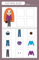 Educational game for a child choose the clothes the girl is wearing from all the options, cut and glue vector