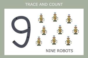 Numbers for kids. Worksheet for kindergarten and preschool. Training to write and count numbers with funny  robots vector