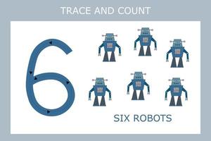 Numbers for kids. Worksheet for kindergarten and preschool. Training to write and count numbers with funny  robots vector