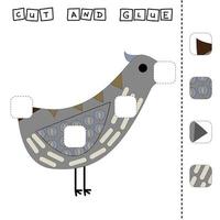 Paper game for the development of preschoolers. Cut out parts of the image and glue on the bird. A fun game for kids vector