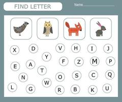 Find the first letter and match with the picture, a game for kids to learn the alphabet. Worksheet for printing. Educational game for children. vector