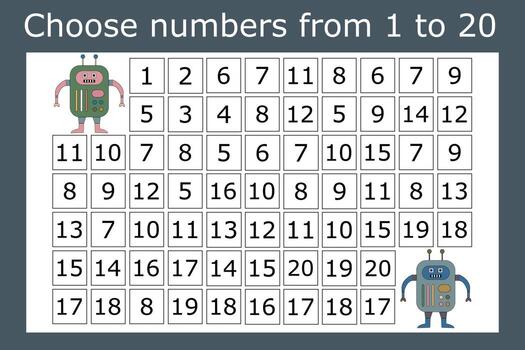 The task is to go through a maze of numbers from 1 to 20. Educational exercises for preschool children vector