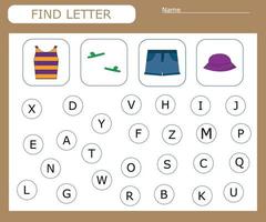 Find the first letter and match with the picture, a game for kids to learn the alphabet. Worksheet for printing. Educational game for children. vector